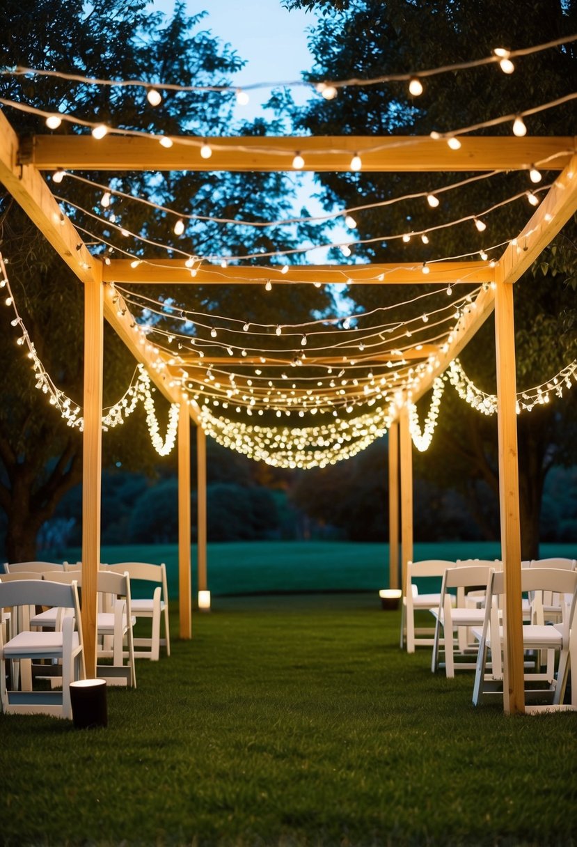 Soft string lights draped over trees and woven through a wooden archway, casting a warm glow over the outdoor wedding venue