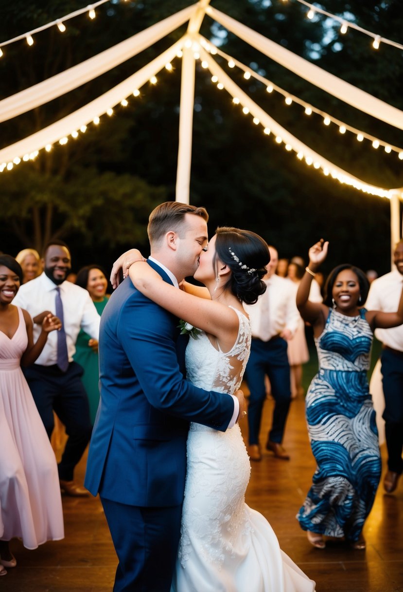 A bride and groom embrace under a canopy of twinkling lights, surrounded by joyful guests dancing to a gospel-infused playlist at their Christian wedding