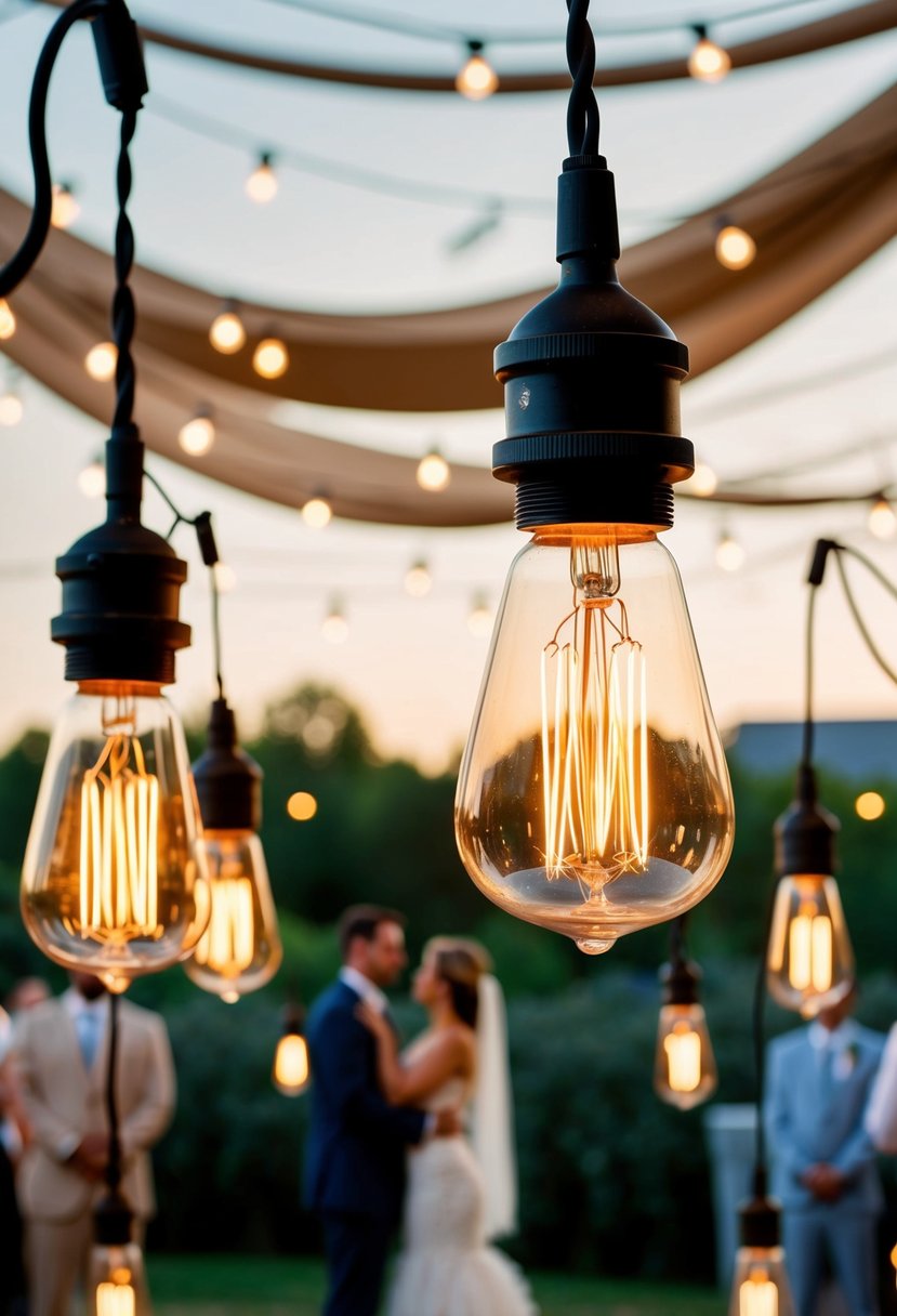 Suspended Edison bulbs cast warm light over an outdoor wedding, creating a romantic and enchanting atmosphere