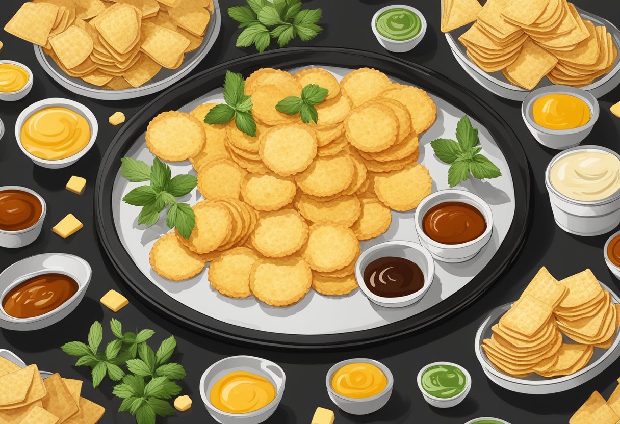 A platter of golden cheese crisps arranged on a black serving tray, surrounded by small dishes of dipping sauces and garnished with fresh herbs