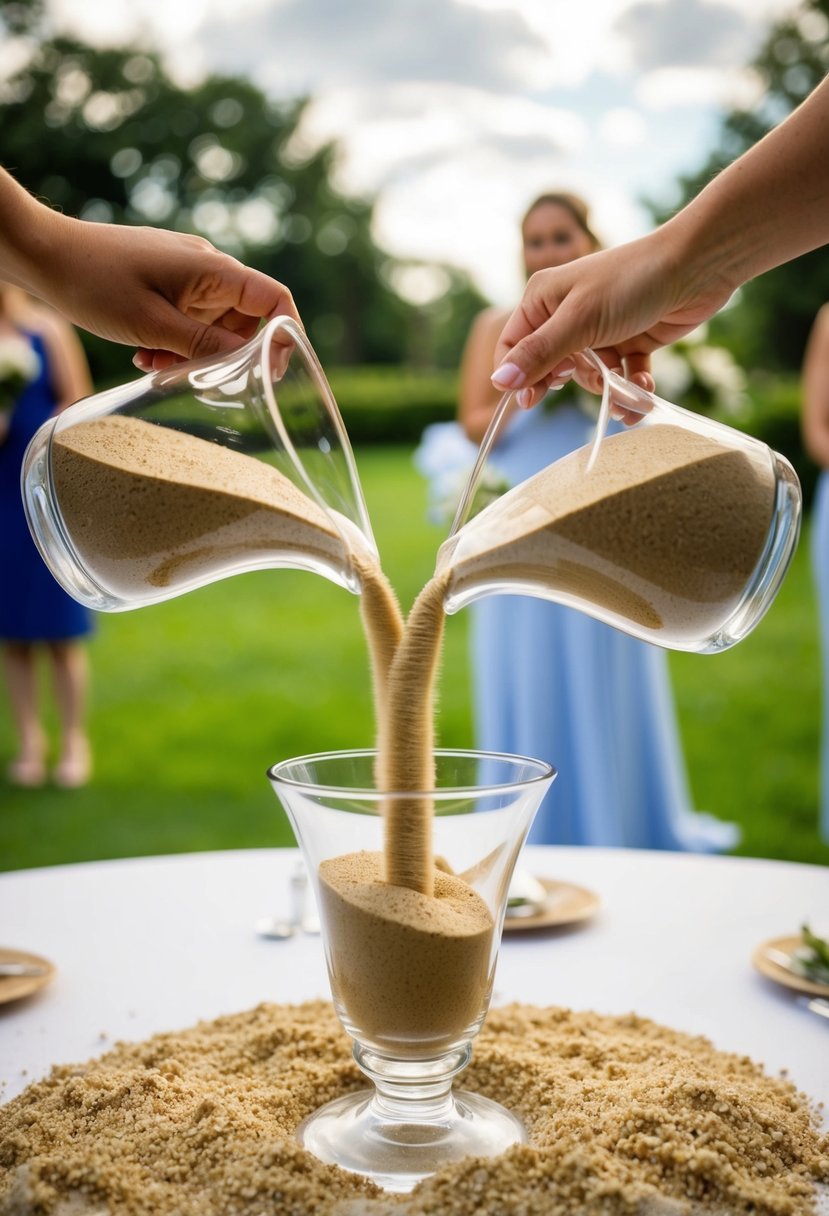 A unity sand ceremony: two sand vases pouring into one, symbolizing the blending of two lives in a Christian wedding