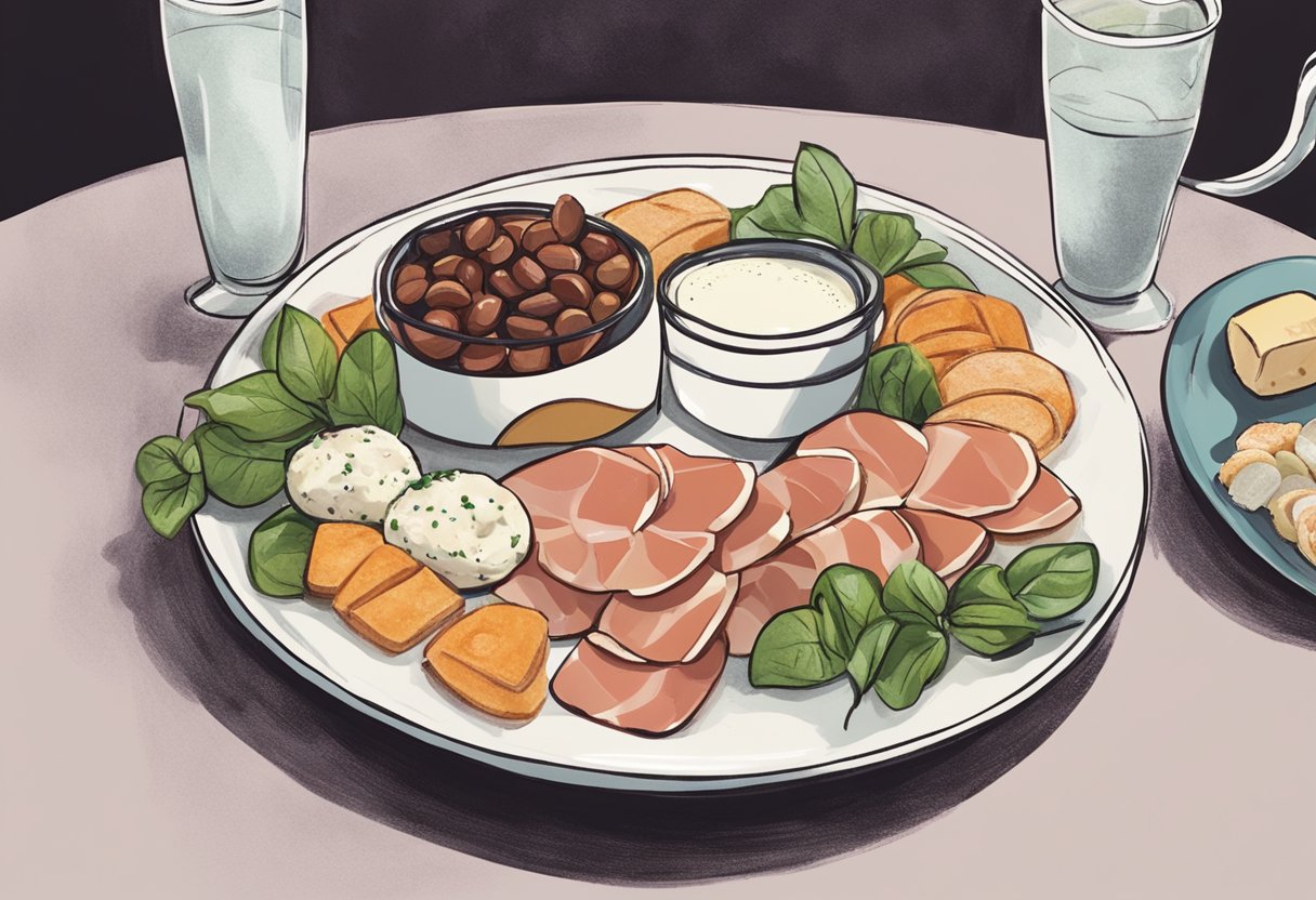 A platter of prosciutto-wrapped mozzarella on a decorative plate, surrounded by low-carb keto-friendly snacks, set on a table during intermission at a Broadway show