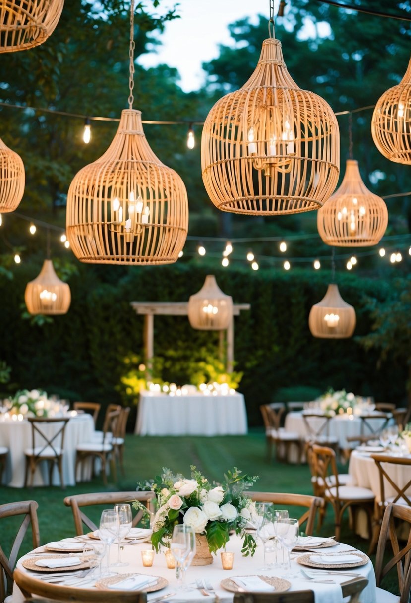 A garden adorned with hanging rattan chandeliers, softly illuminating an outdoor wedding reception