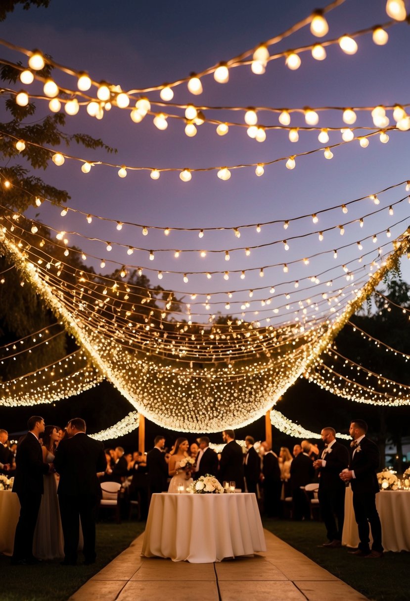 A canopy of fairy lights drapes over an outdoor wedding reception, casting a warm and romantic glow over the entire space