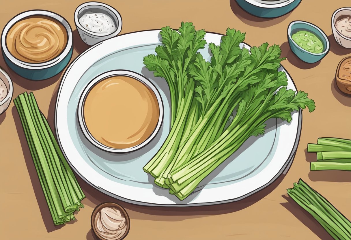 A plate of celery sticks with almond butter sits on a table among other keto-friendly snacks during intermission at a Broadway show