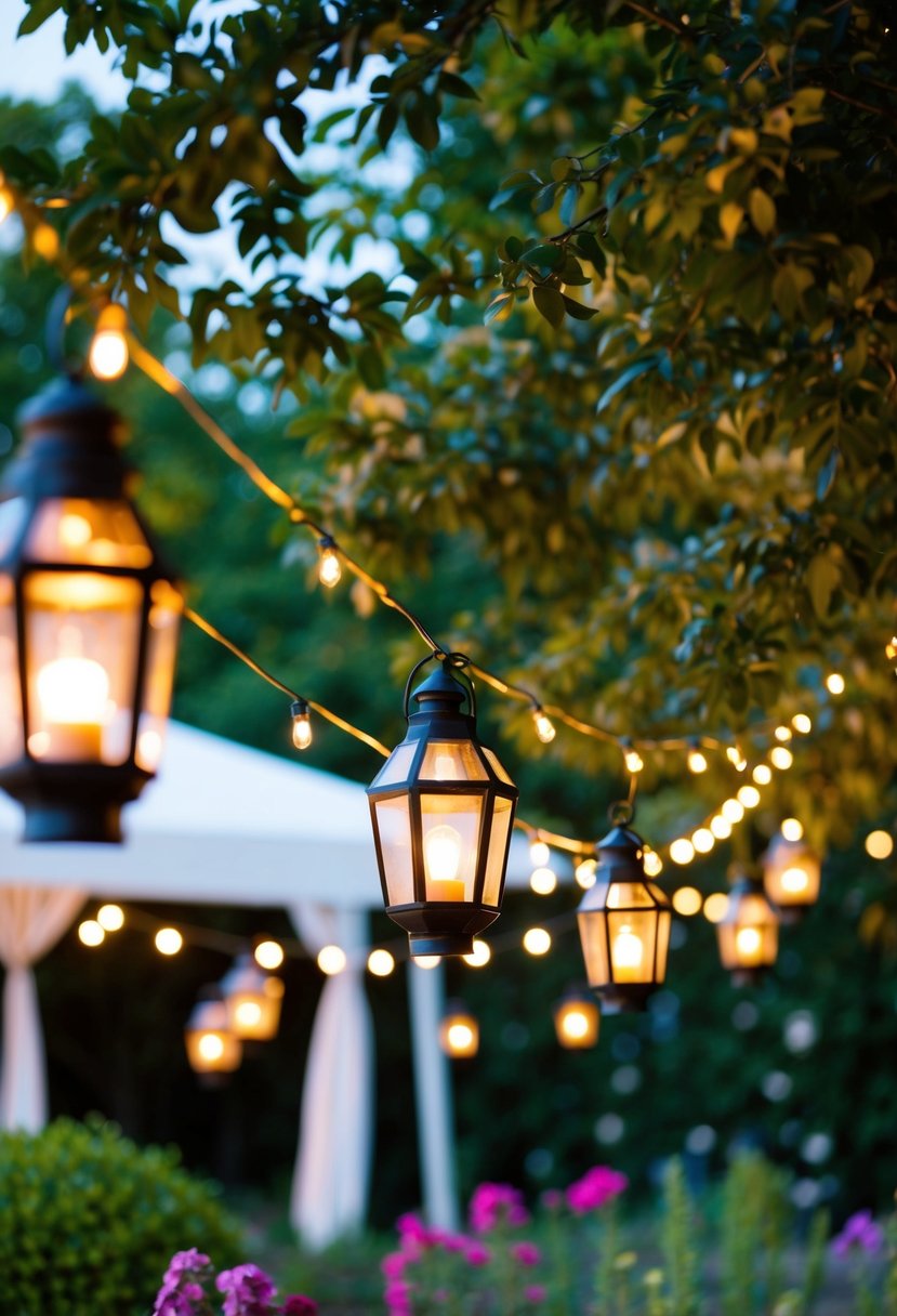 A garden adorned with string lights and lanterns, creating a warm and romantic ambiance for an outdoor wedding