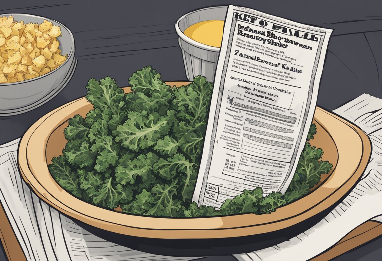 A bowl of parmesan kale chips sits on a table next to a playbill for "Keto Broadway Show Intermission Foods"