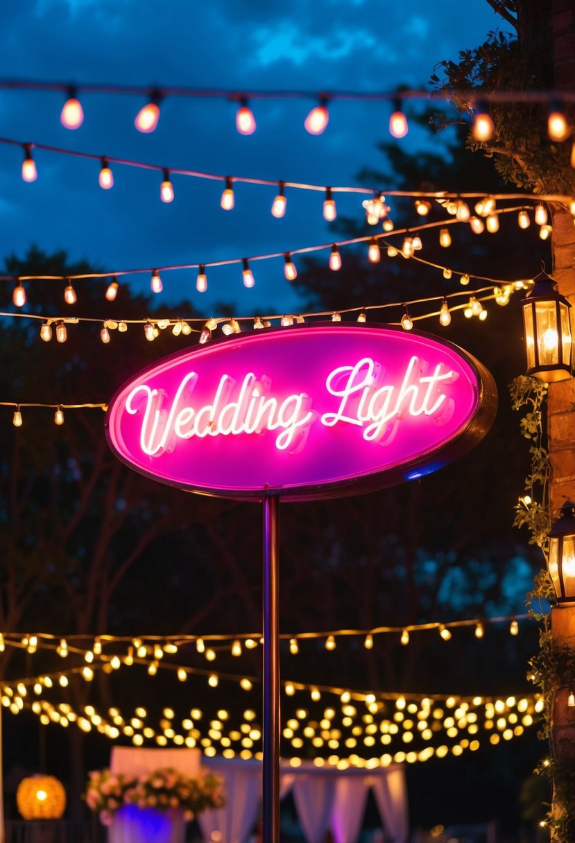 A neon sign glows in the evening, casting a colorful light over an outdoor wedding venue. Strings of twinkling lights and lanterns add to the romantic atmosphere