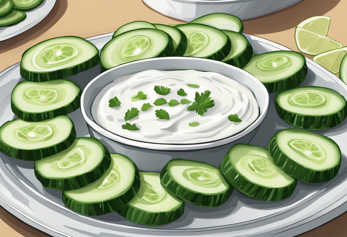 Crisp cucumber slices arranged with a dollop of ranch dressing on a platter