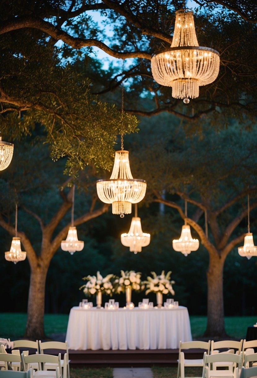 A vintage outdoor wedding with retro chandeliers hanging from the trees, casting a warm and romantic glow over the ceremony and reception area