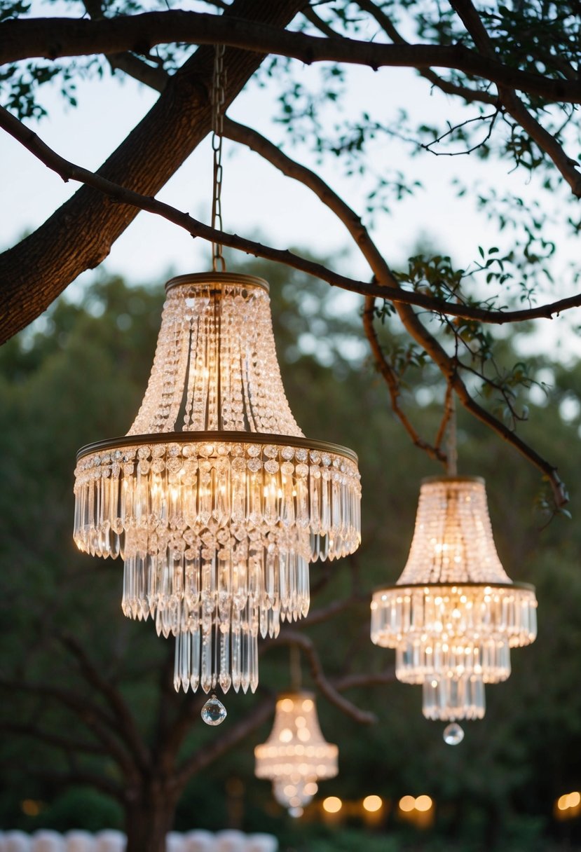 Glowing crystal chandeliers hang from tree branches, casting a warm and elegant light over an outdoor wedding setting