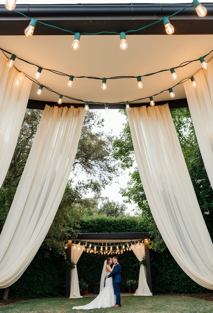 Festoon lights hang above an outdoor wedding, draped with flowing curtains, creating a romantic and enchanting ambiance