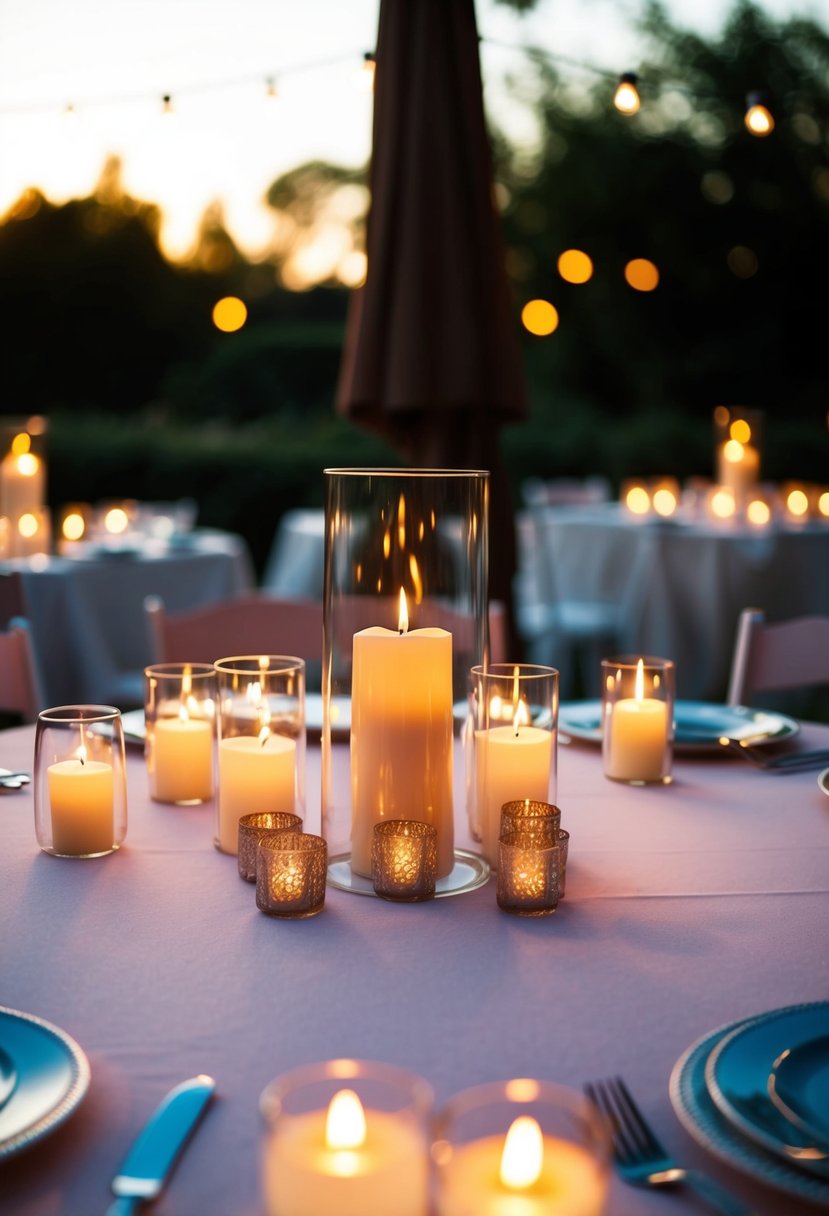 LED candles illuminate outdoor wedding tables, casting a warm glow on the surrounding area