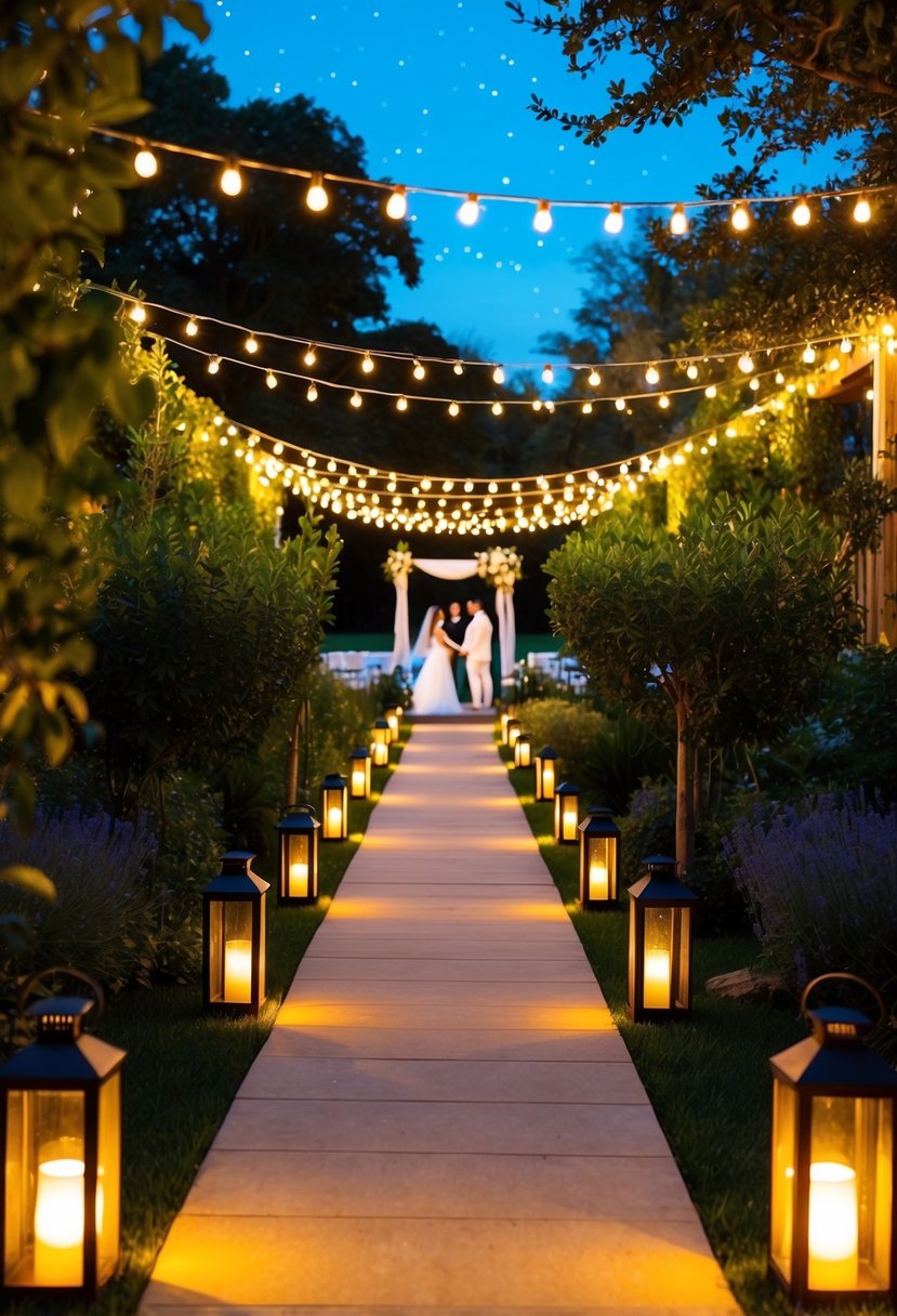 A winding garden pathway lined with lanterns casting a warm glow, leading to an outdoor wedding ceremony set against a backdrop of twinkling stars