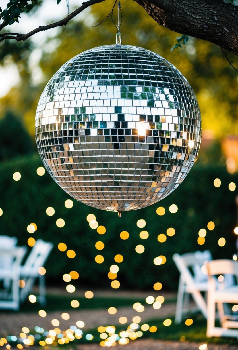 A disco ball hangs from a tree, casting shimmering lights across the outdoor wedding venue. Sparkles of color dance across the ground and surrounding foliage