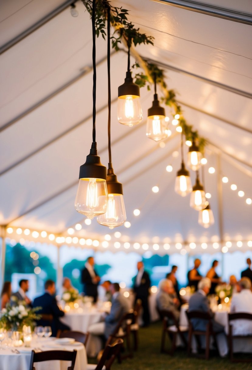 Pendant lights hang from the ceiling of a white tent, casting a warm glow over the outdoor wedding reception