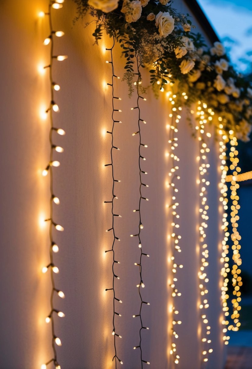 Cascading fairy lights adorn the walls, creating a warm and enchanting glow for an outdoor wedding