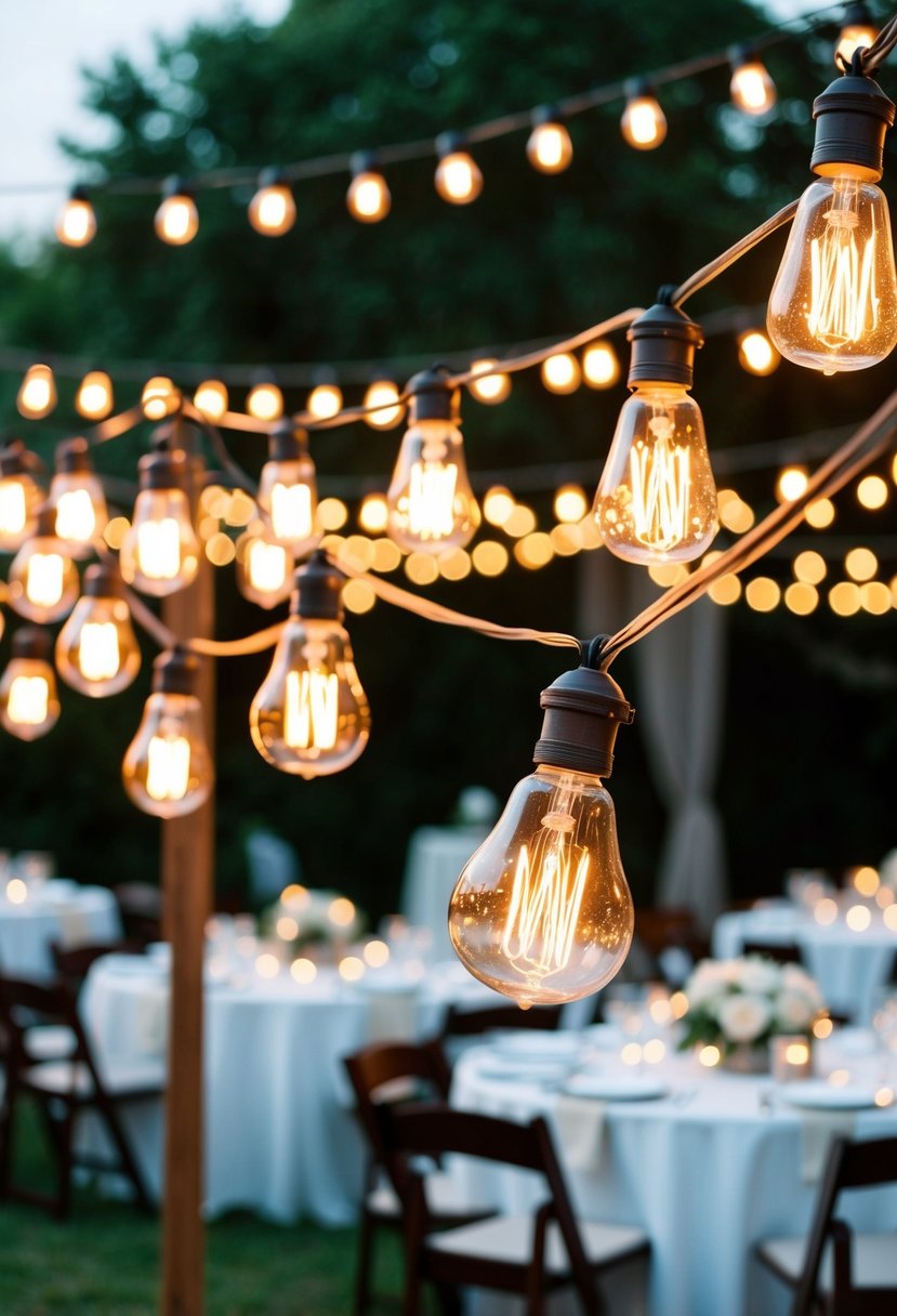 A string of shatterproof Edison bulbs illuminating an outdoor wedding reception, casting a warm and romantic glow over the celebration