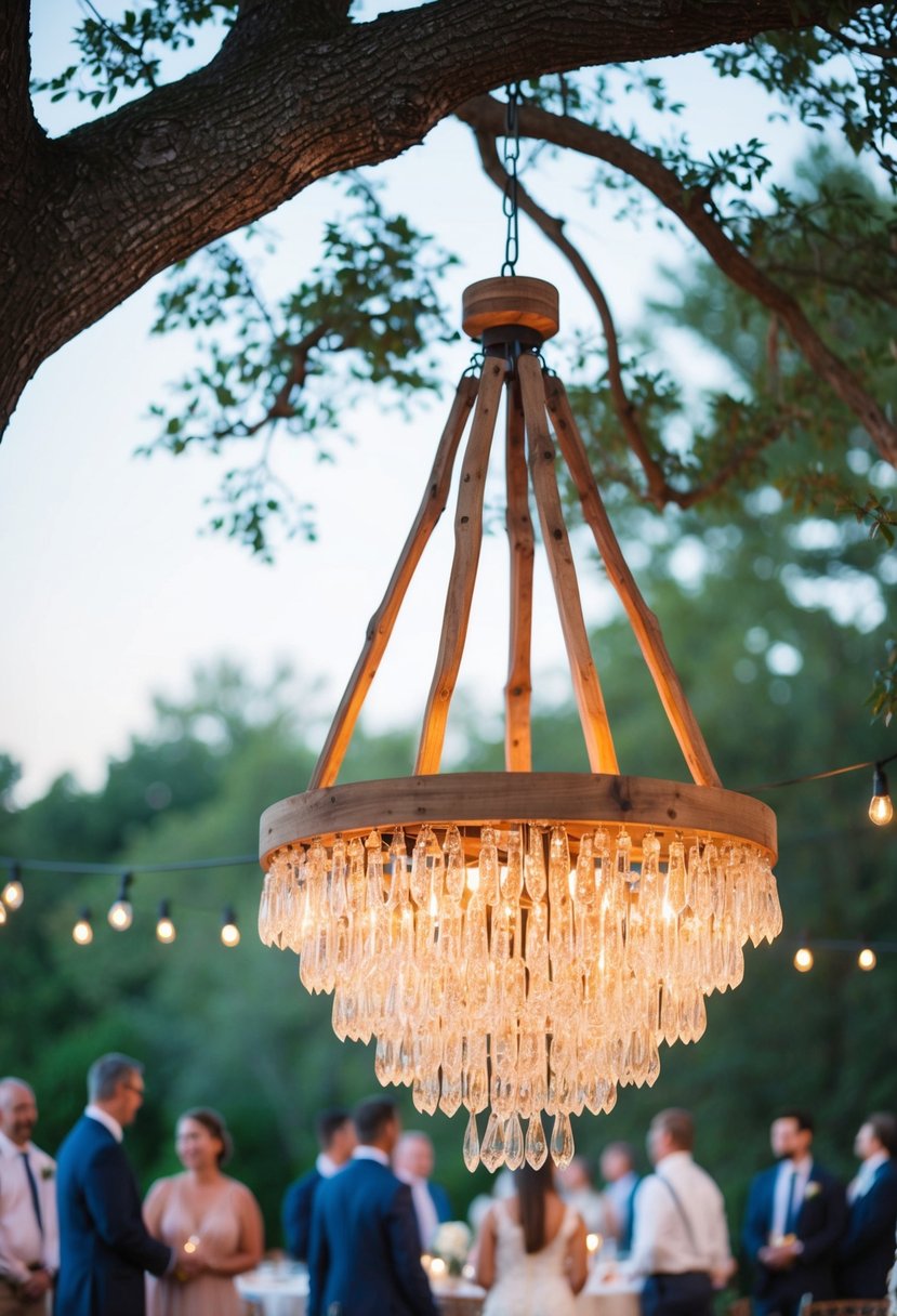 A rustic wood chandelier hangs from a tree, casting a warm glow over an outdoor wedding reception