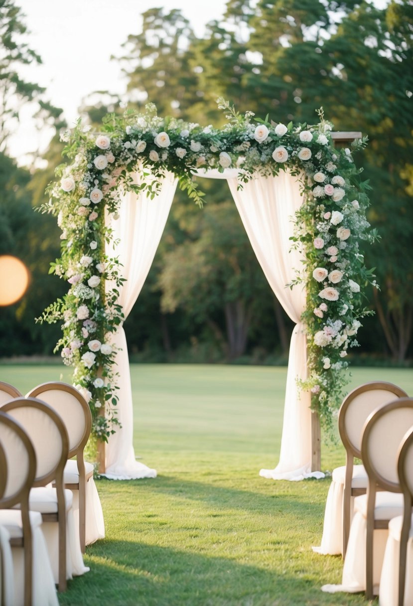 A serene outdoor setting with a floral arch, soft lighting, and elegant seating for a non-religious wedding ceremony