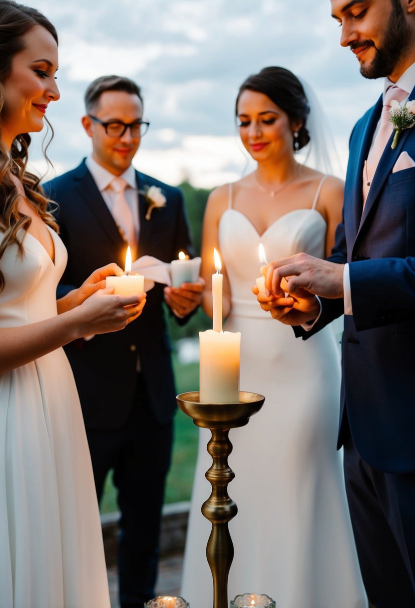 A bride and groom each light a candle, then together light a larger unity candle in a non-religious wedding ceremony