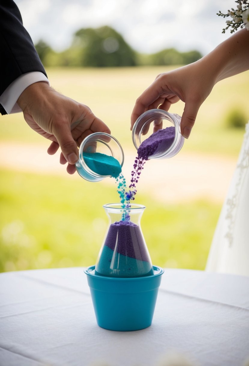 A bride and groom pour different colored sands into a single container, symbolizing their unity in marriage