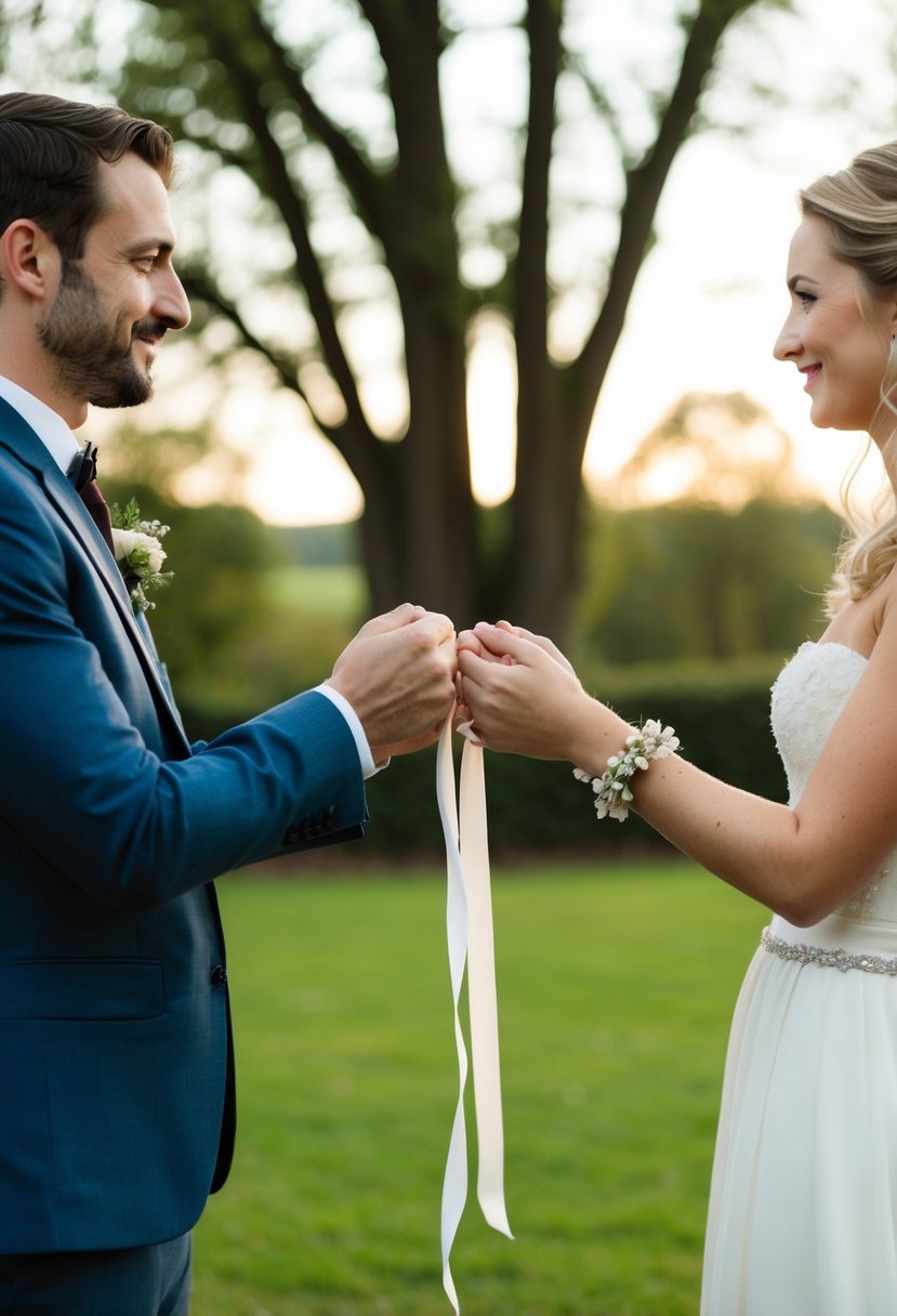 A couple stands facing each other, holding a ribbon between them. They wrap it around their joined hands, symbolizing their unity in a non-religious handfasting ritual