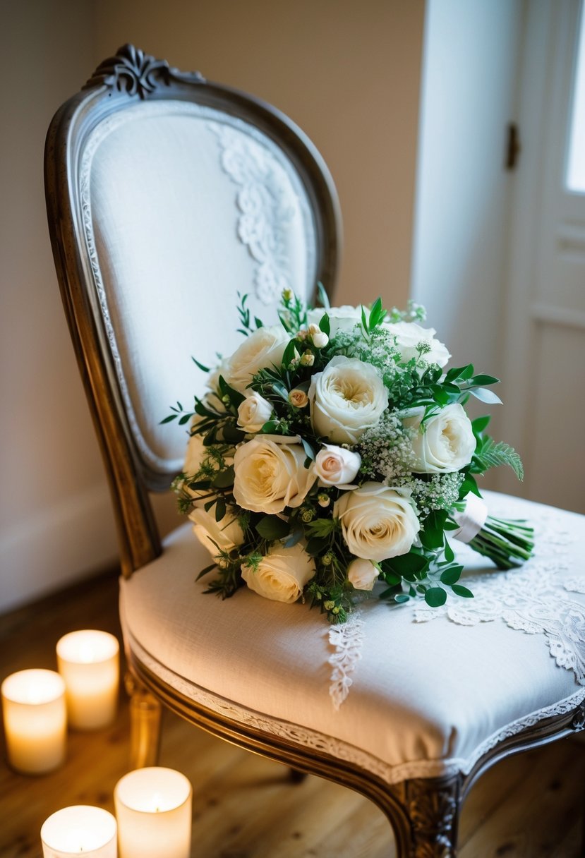 A bride's bouquet resting on a vintage chair, surrounded by soft candlelight and delicate lace details