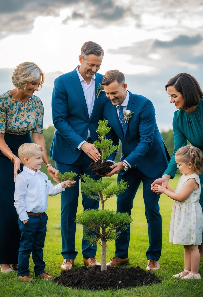 A couple plants a young tree together, surrounded by family and friends, as a symbol of their growing love and commitment