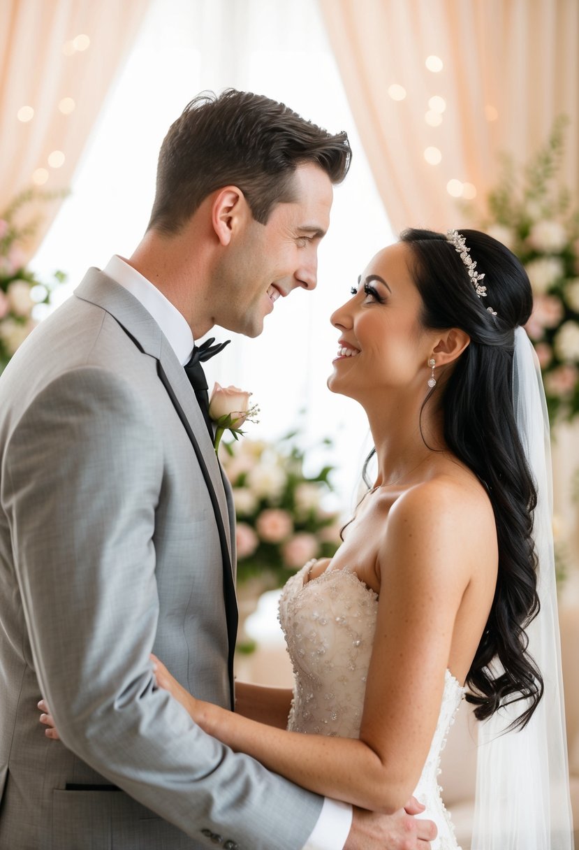 A bride and groom stand facing each other, gazing into each other's eyes with a look of love and excitement. The background is a soft, romantic setting with flowers and elegant decor