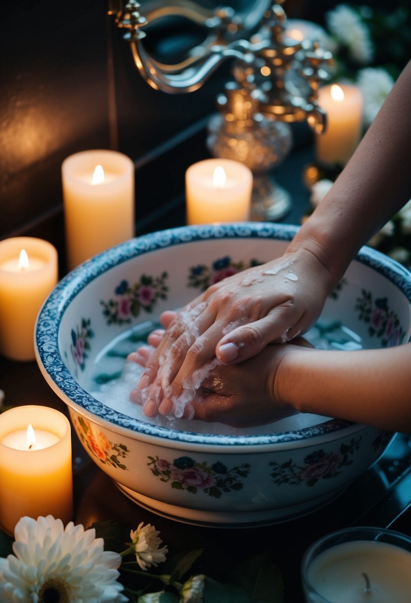 A pair of hands being washed in a decorative basin with floral and ornate details, surrounded by candles and soft lighting