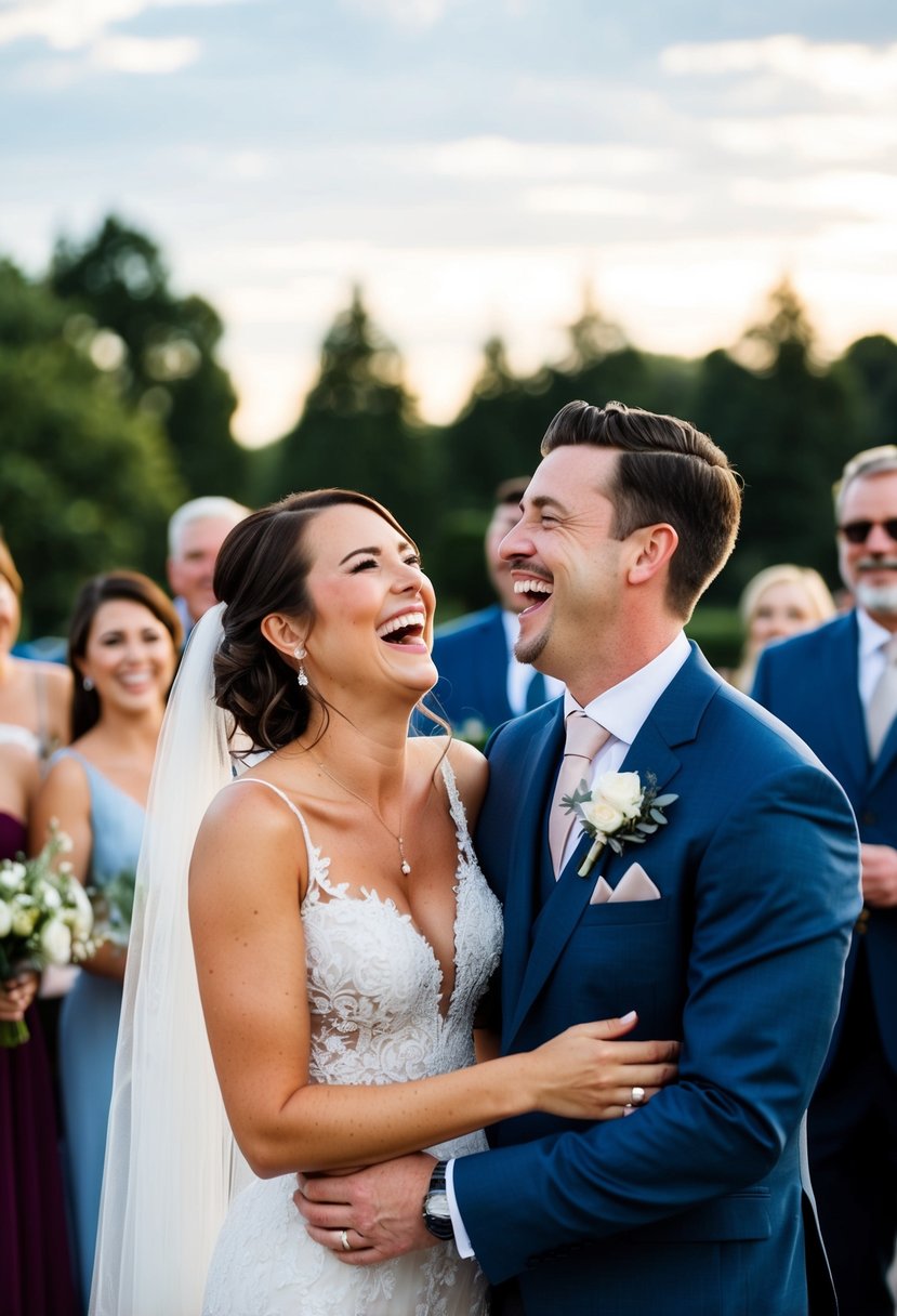 A bride and groom share a joyful, spontaneous laugh together, surrounded by friends and family at their outdoor wedding reception