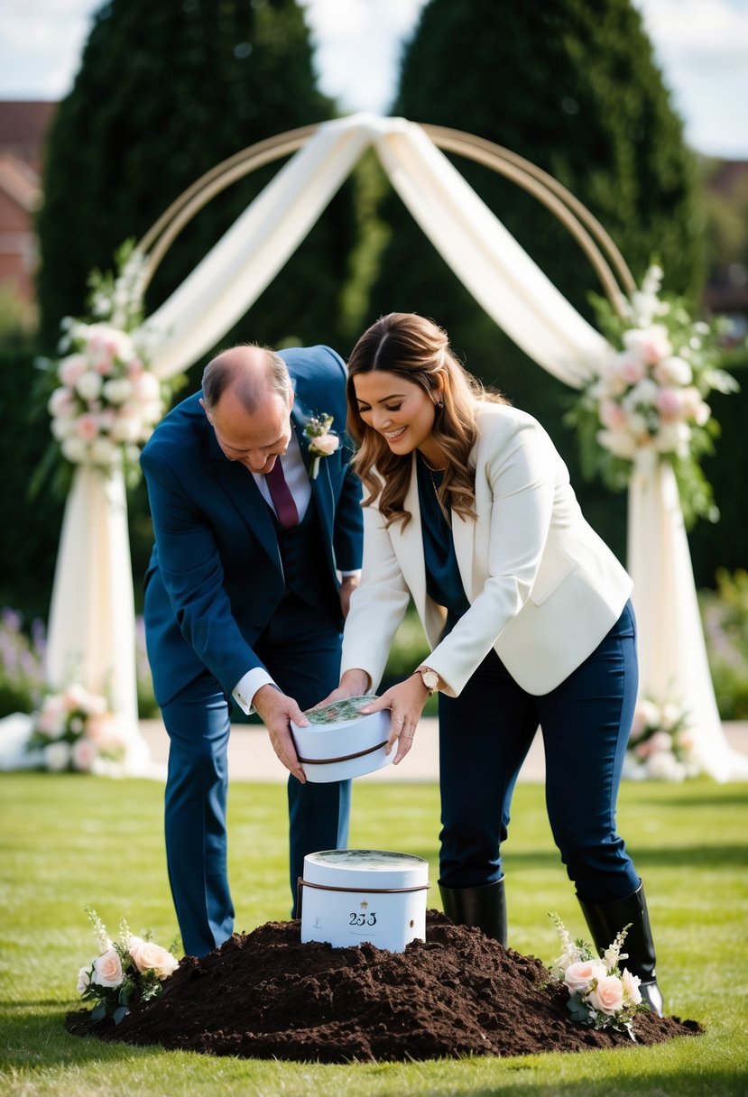 A couple burying a time capsule in a garden, surrounded by flowers and decorative elements, with a wedding arch in the background