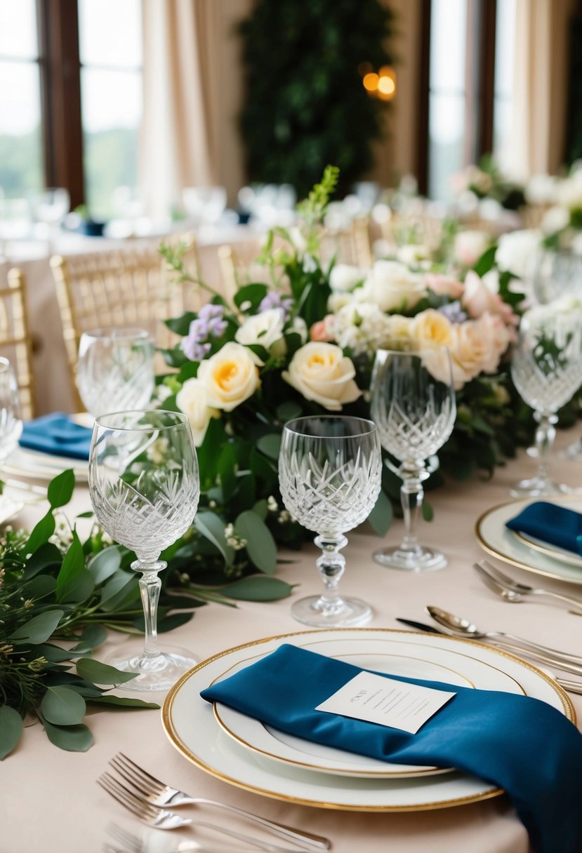 A beautifully arranged table with elegant place settings, including fine china, crystal glassware, and floral centerpieces