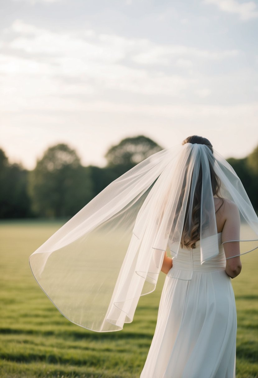 A flowing veil billows in the wind against a serene outdoor backdrop, creating a sense of ethereal beauty and romance