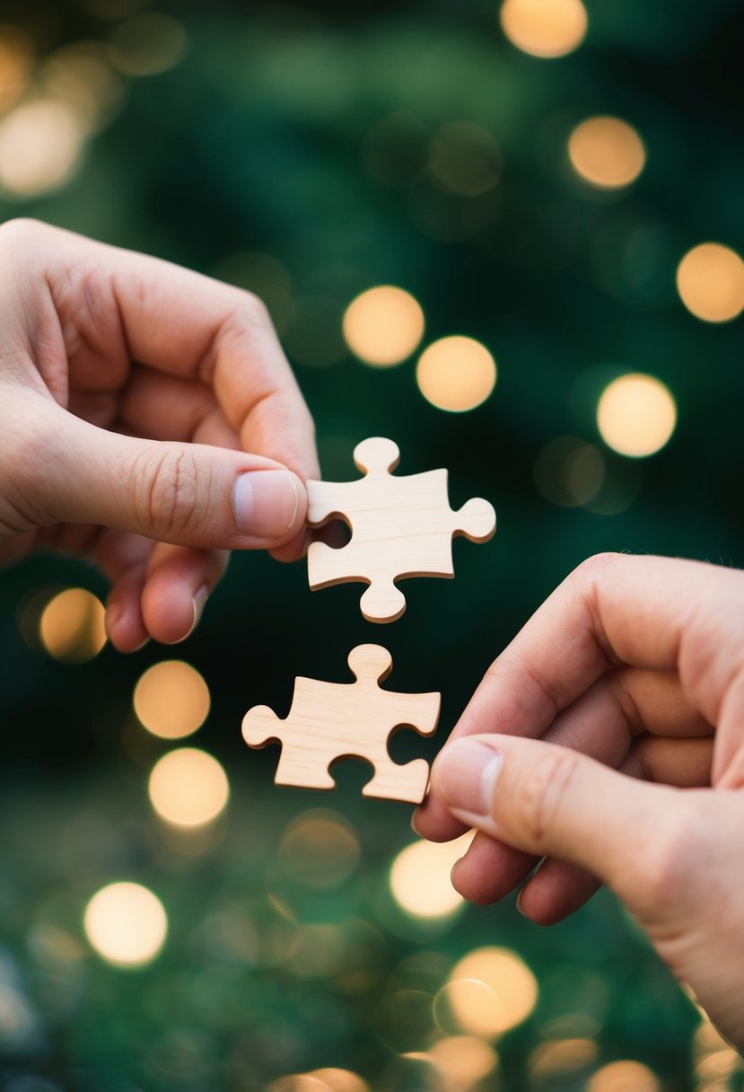 Puzzle pieces being exchanged between two hands