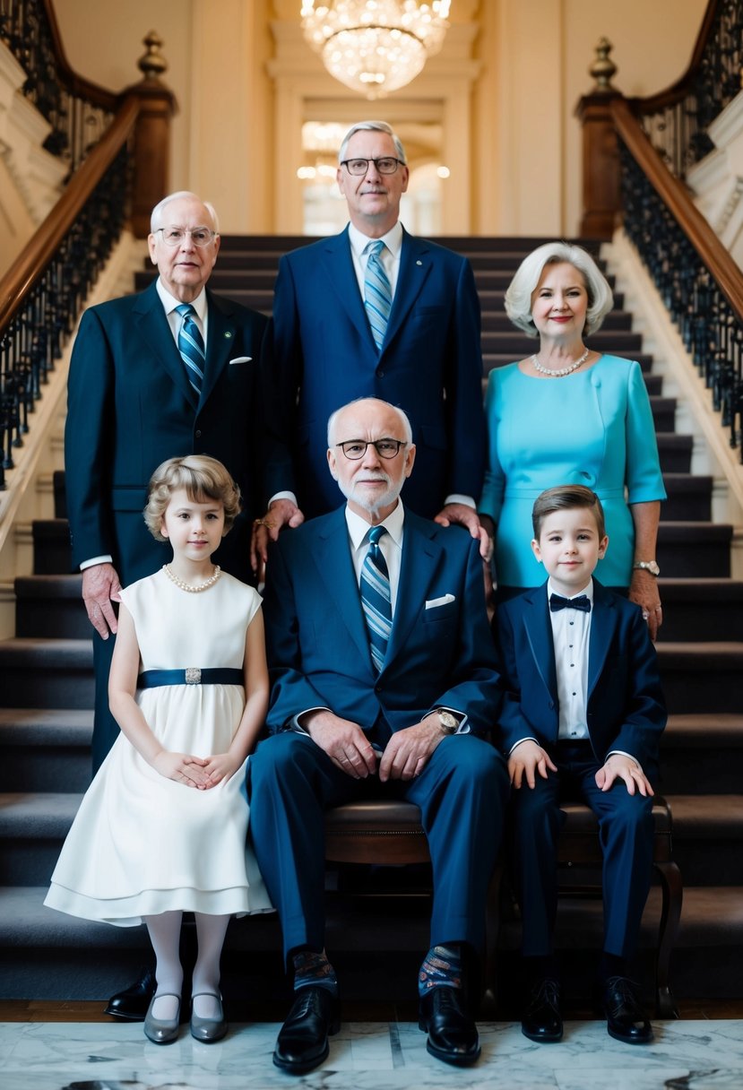 A multi-generational family stands in a line, with the oldest members seated and the youngest standing behind, all dressed in formal attire, in front of a grand staircase