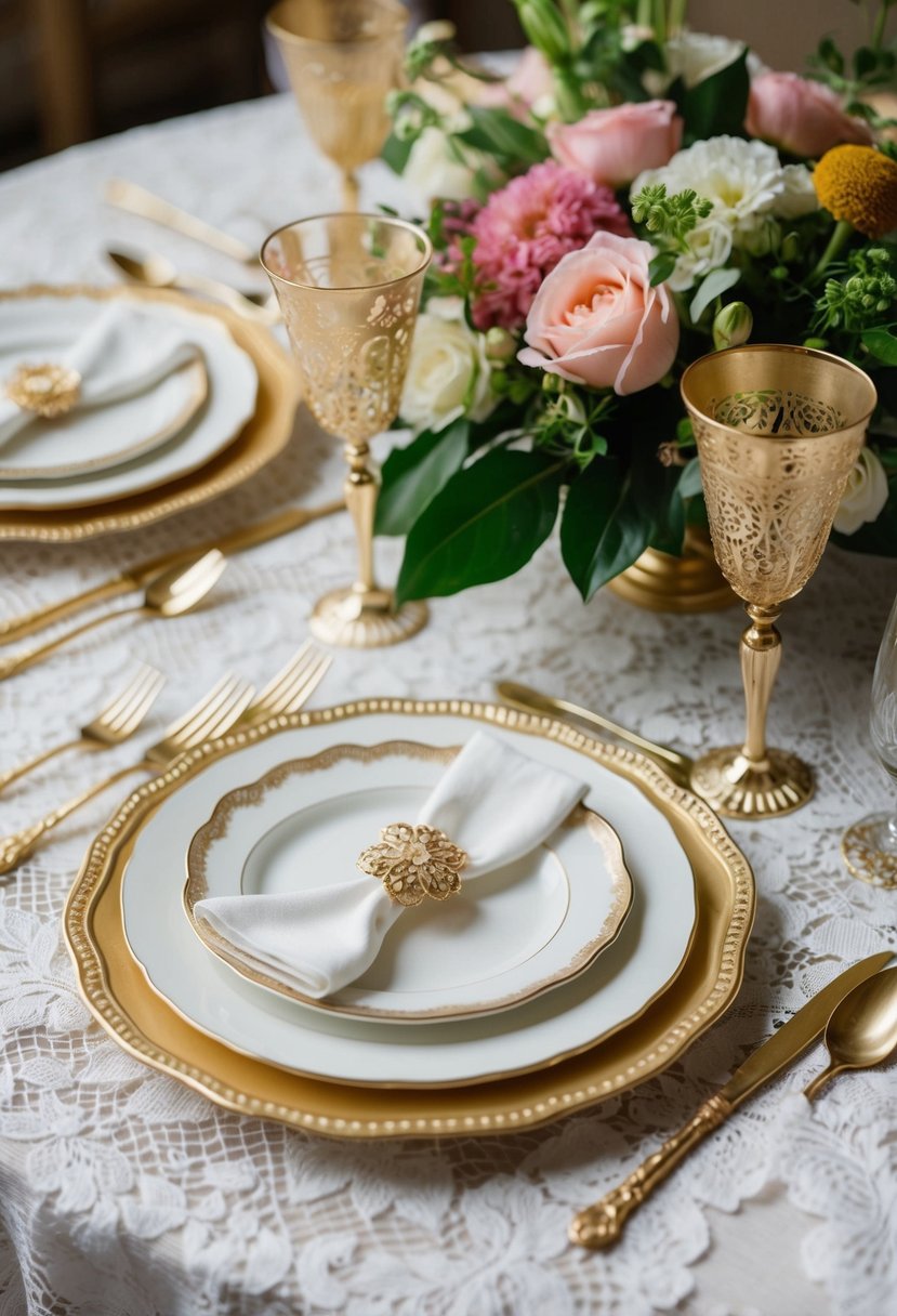 A vintage gold flatware place setting on a lace tablecloth with floral centerpiece and elegant dinnerware