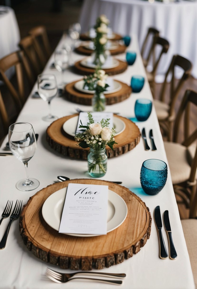 A table set with rustic wooden chargers, adorned with elegant place settings for a wedding reception