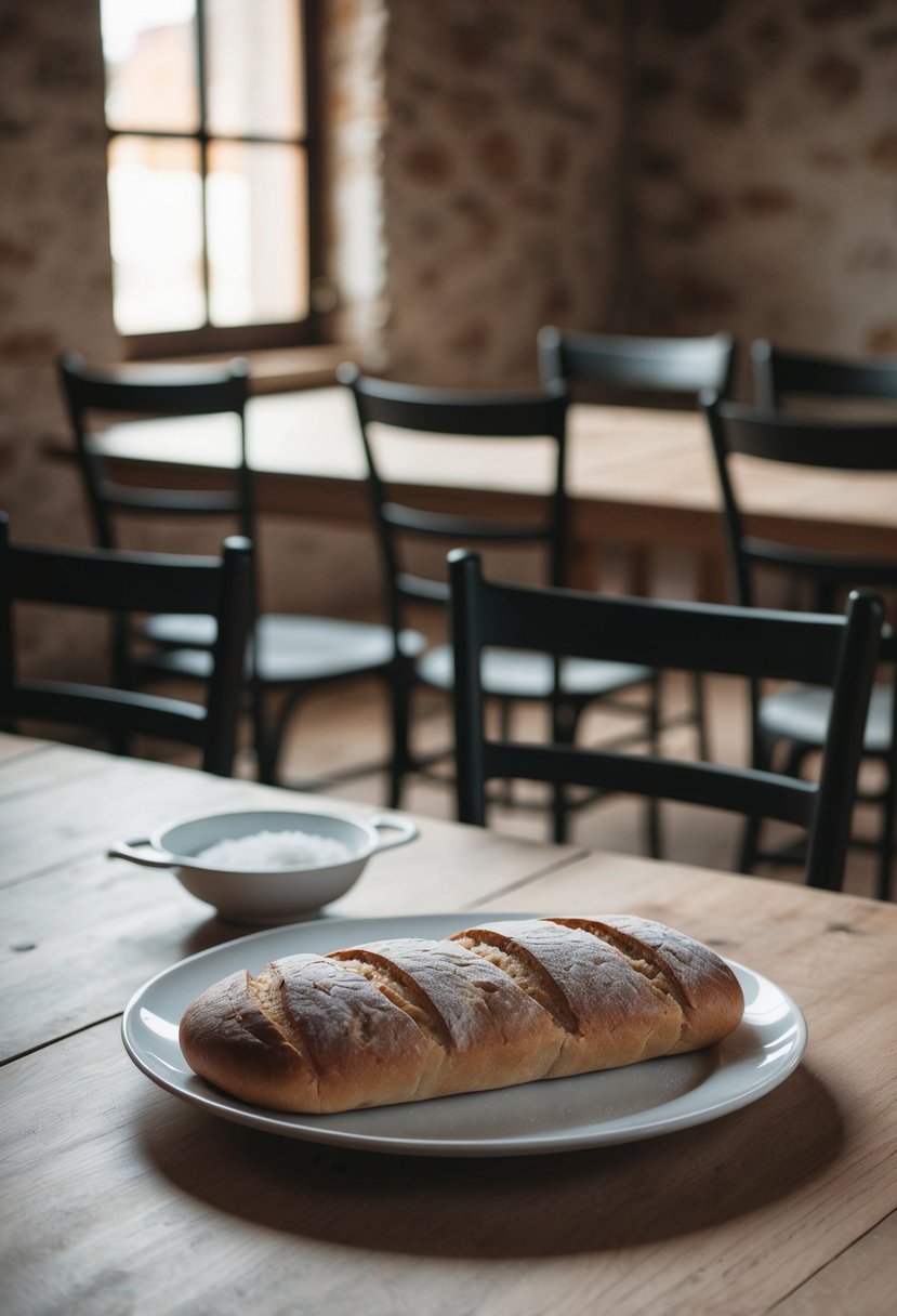 A simple table set with a loaf of bread and a dish of salt, surrounded by empty chairs in a rustic setting