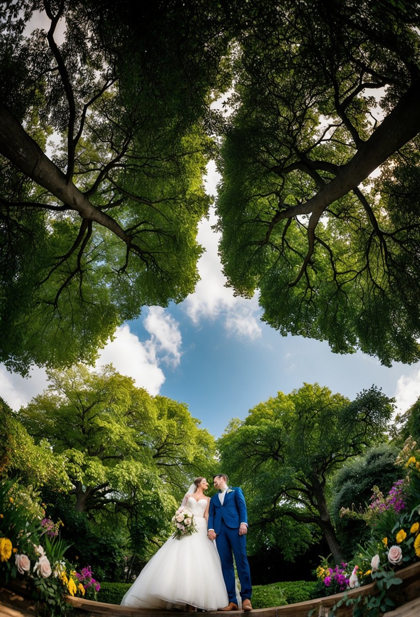 A bird's eye view of a bride and groom standing under a canopy of trees, surrounded by lush greenery and colorful flowers