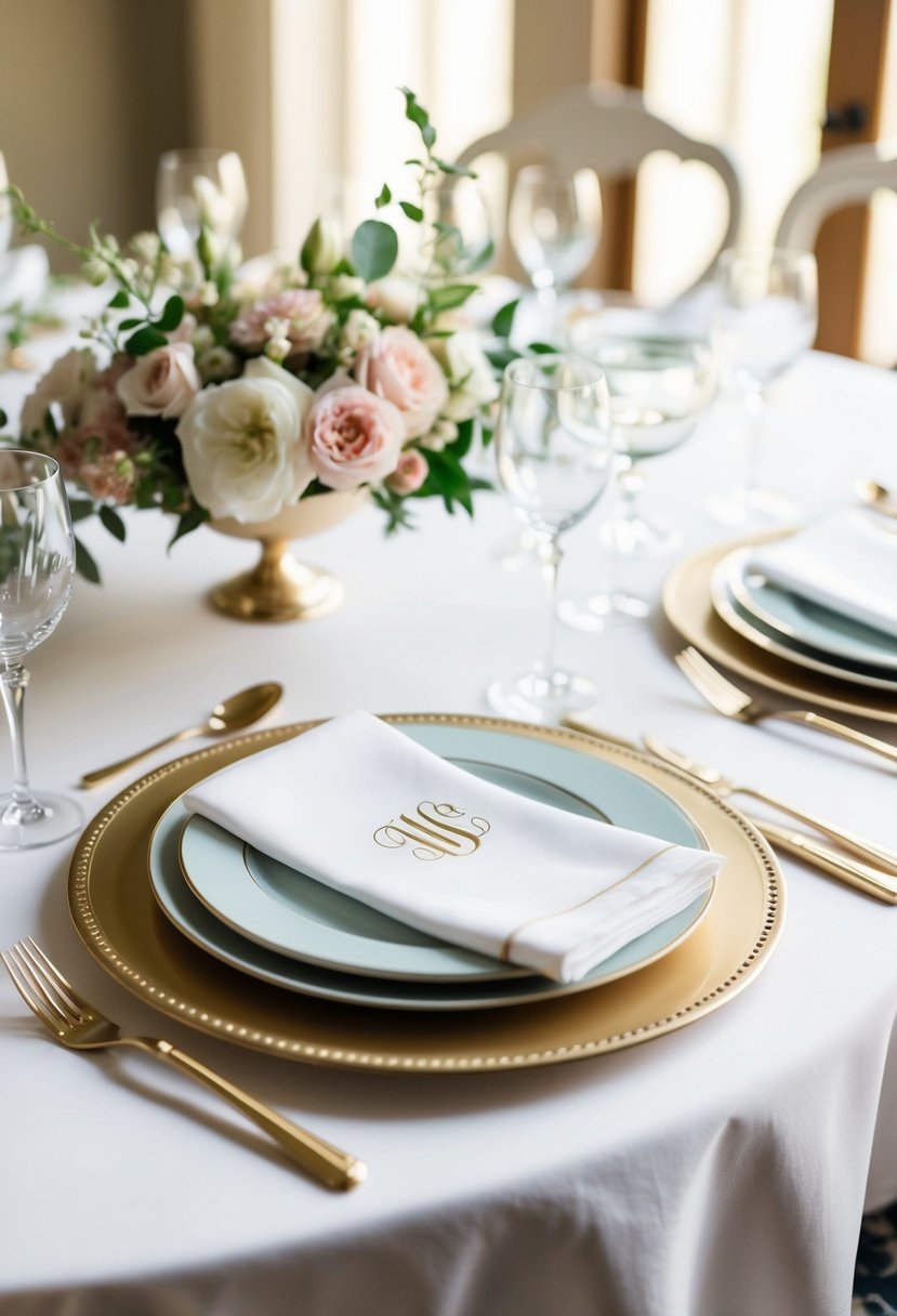 A beautifully set table with monogrammed napkins, elegant dinnerware, and delicate floral arrangements