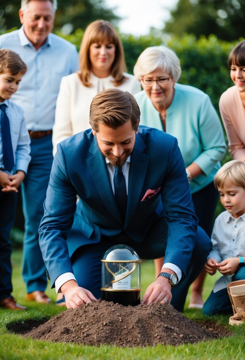 A couple buries a time capsule in a garden, surrounded by family and friends