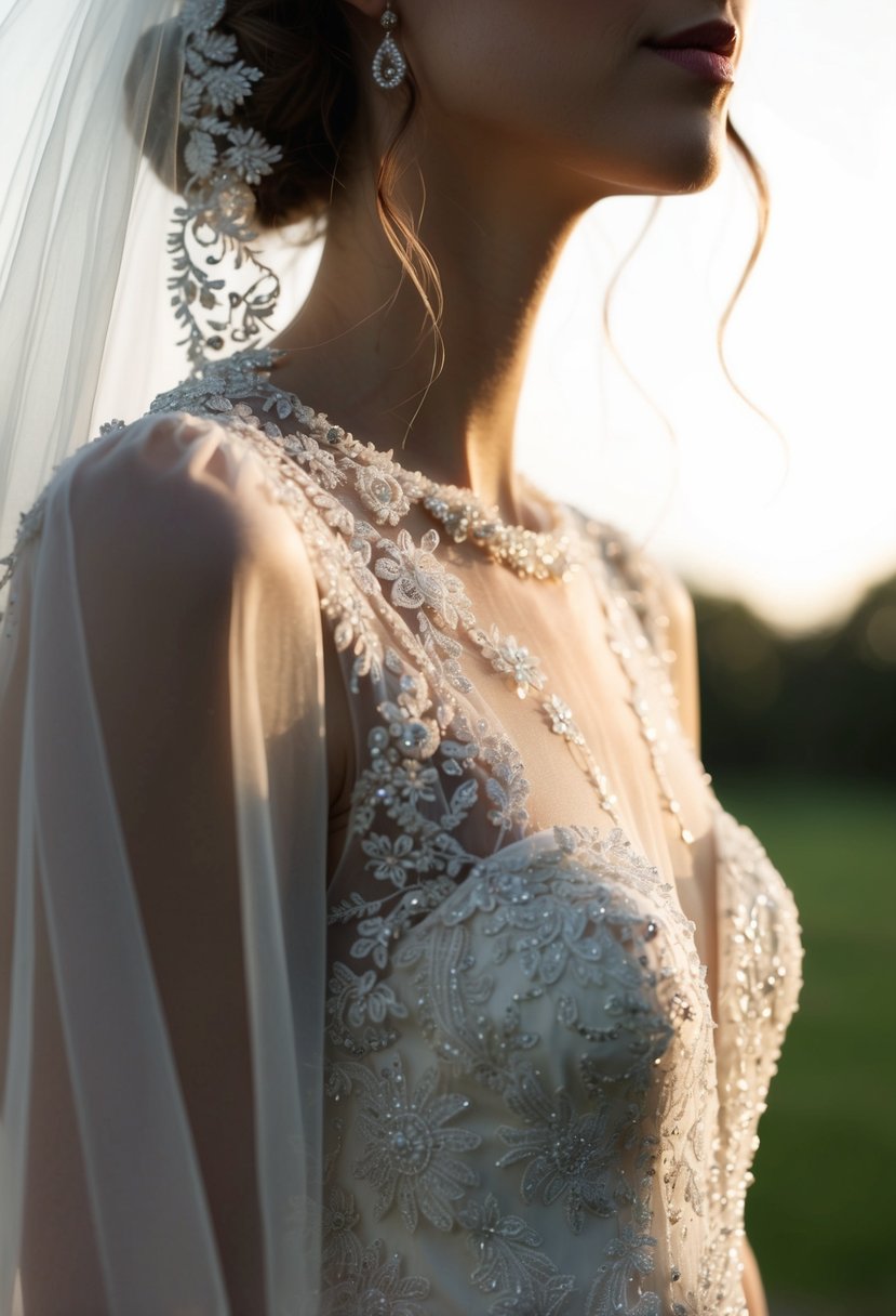 A close-up of lace and beadwork on the bride's dress, with soft, natural light highlighting the intricate details