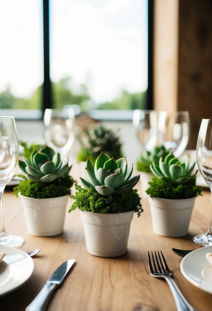 A table setting with succulent plants as wedding favors