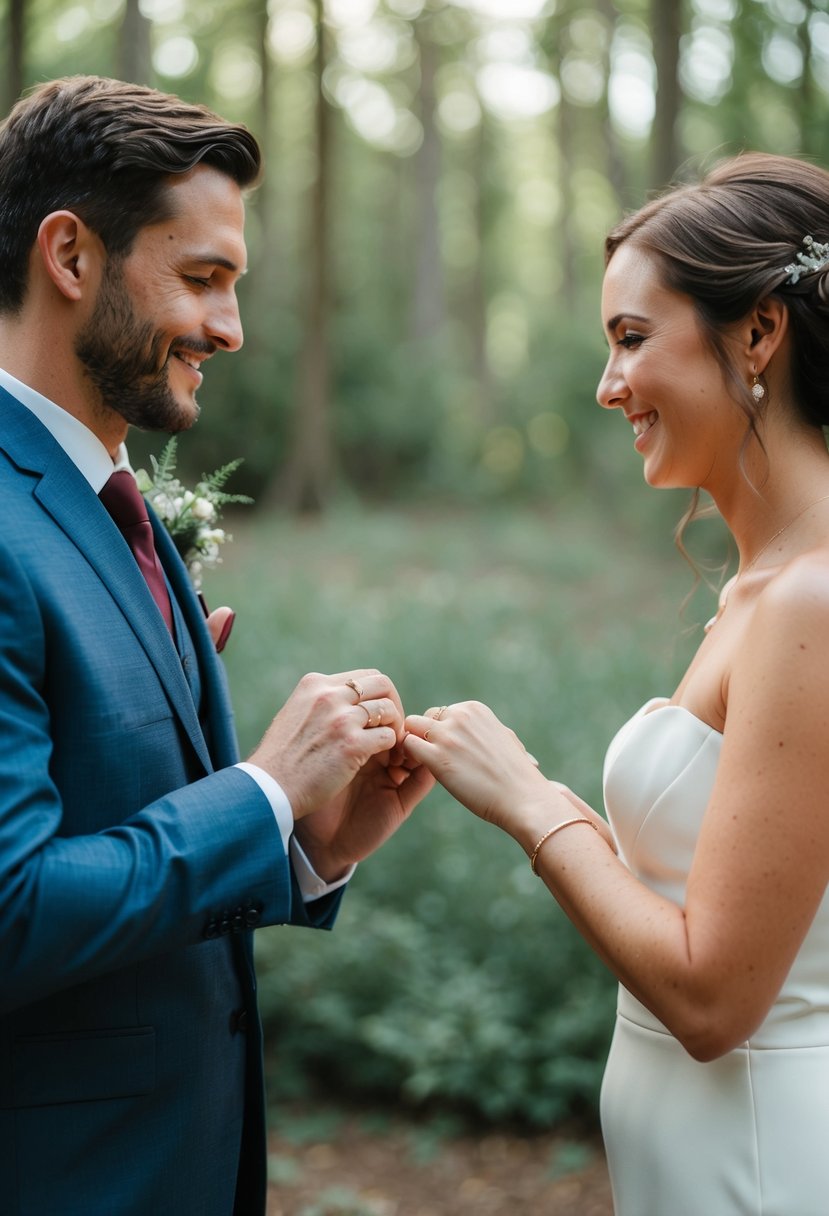 A couple exchanging rings in a non-religious wedding ceremony, surrounded by nature and a serene setting