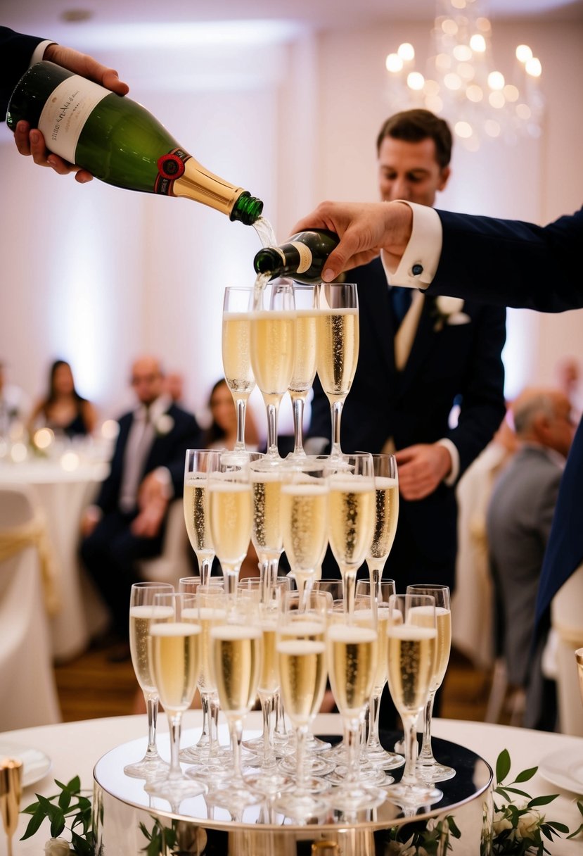 Champagne tower pour at elegant wedding reception