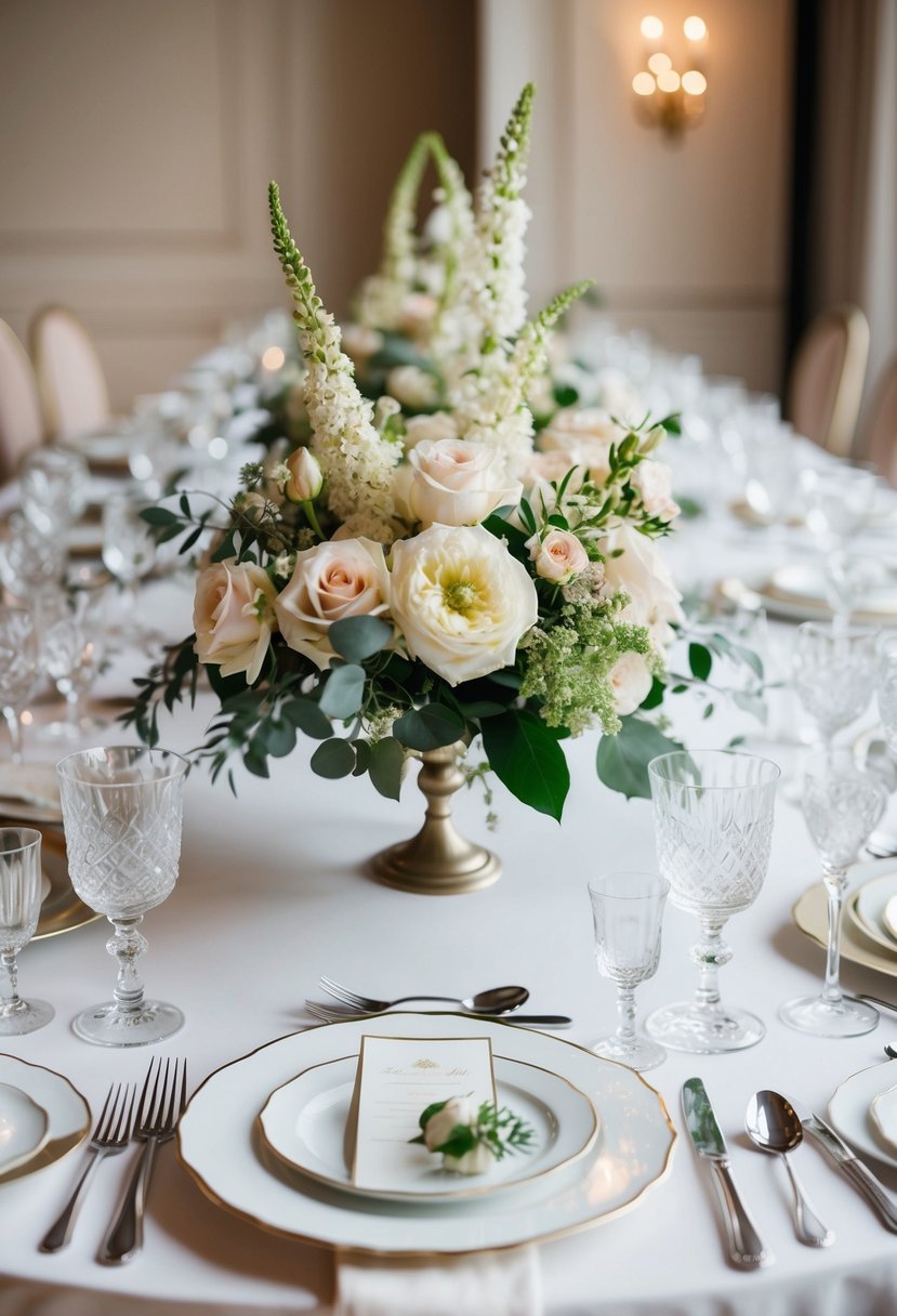 A table set with crystal goblets, elegant cutlery, and delicate floral arrangements for a luxurious wedding reception