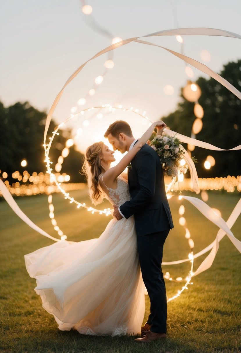 A couple twirls in a hazy, dreamlike embrace, surrounded by soft, glowing lights and swirling ribbons