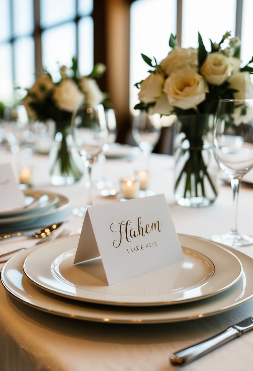 A table set with elegant place cards, each uniquely personalized for a wedding celebration